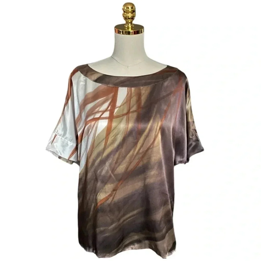 LAFAYETTE 148 | Brown/Cream Abstract Painterly Print 100% Silk Tunic Top Size 10